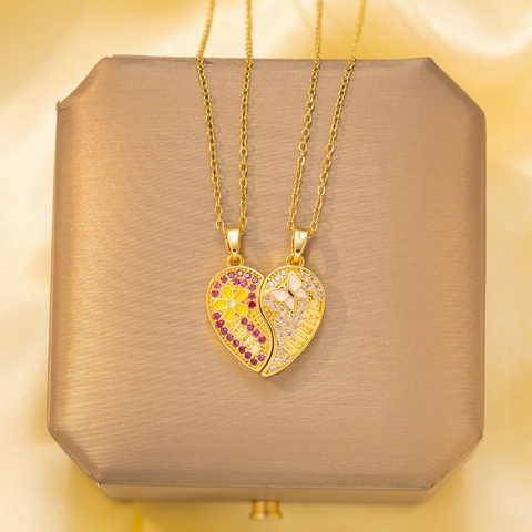 Magnetic Heart Pendant Necklace Gold Plated Copper Splittable Best Friend Ocean Dolphin Shell Rhinestone Jewelry Women