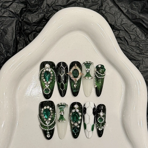 Smaragdgrün Schwarz Stiletto Press On Nägel Luxus Strass Kunststein Glänzend Elegant Lange Künstliche Fingernägel