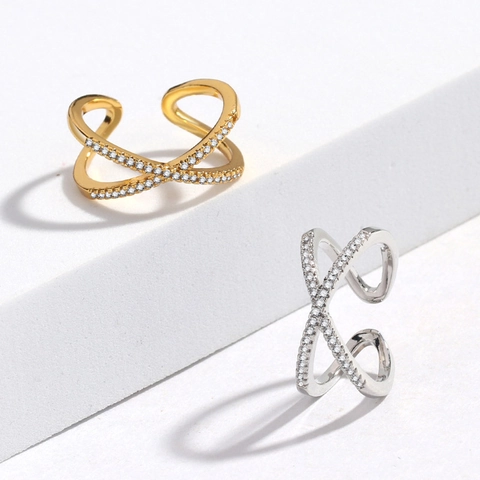 X Vormige Cross Ring Koper Met Zirkonia Pavé Instelling Verstelbare Open Vinger Sieraden Mode Voor Vrouwen