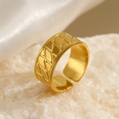 Anillo Abierto Ajustable Para Mujer Acero Inoxidable Chapado En Oro 18K Patrón Geométrico Acolchado Joyería