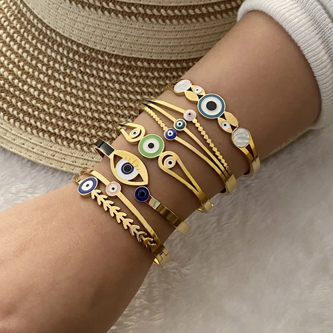 Brazalete Ojo Turco Acero Inoxidable Chapado En Oro Esmalte Goteo De Aceite Bohemio Exótico Joyería De Suerte Mujer
