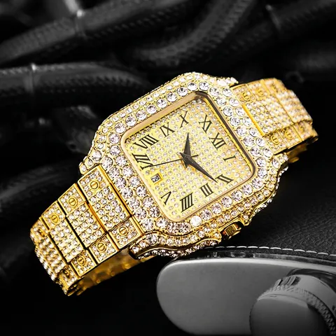 Men Quartz Watch Iced Out Rhinestone Full Diamond Square Roman Numeral Date Display Luxury Hip Hop Fashion Wristwatch