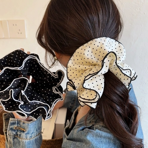 Übergroße Gepunktete Scrunchie Große Chiffon Plissee Haargummi Französisch Elegant Rüschen Elastisches Haarband Für Damen