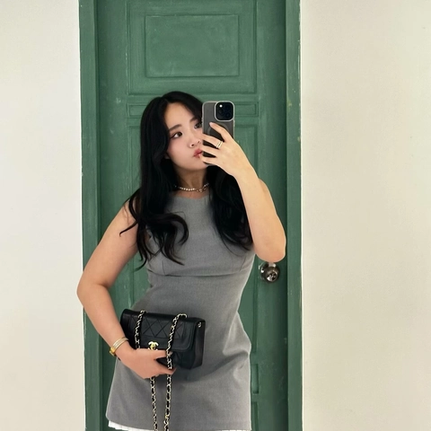 Sleeveless Mini Dress Grey Round Neck Slim Fit Fake Two Piece White Pleated Hem Elegant Polyester Fashion