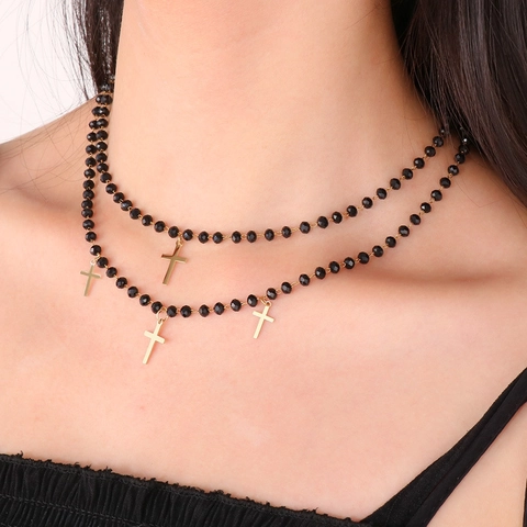 Collana In Acciaio Inossidabile Da Donna Perline Di Cristallo Nero Croce Luna Cuore Pendente Gioielli Di Moda