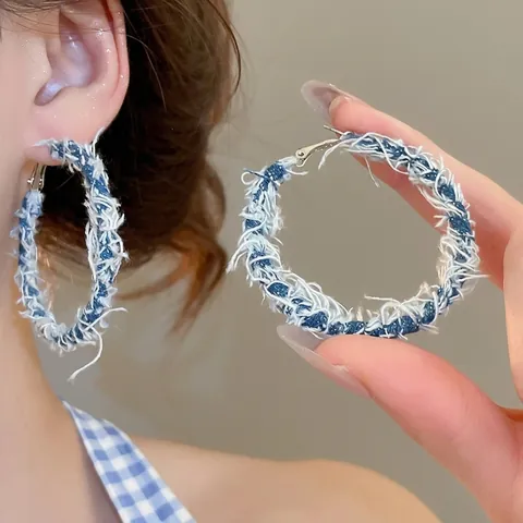 Denim Fabric Large Hoop Earrings With 925 Sterling Silver Earring Post Frayed Edge Bohemian Retro C Shaped Jewelry For Women