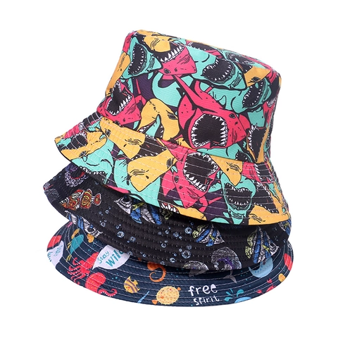 Shark Tropical Fish Print Reversible Bucket Hat Polyester Sun Protection Fisherman Hat Cartoon Marine Life Theme Casual