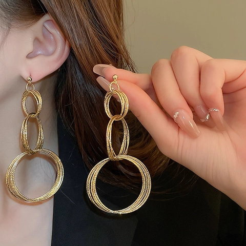 Exaggerated Multi Layer Circle Drop Earrings Alloy With 925 Sterling Silver Earring Post Geometric Textured Fashion Women