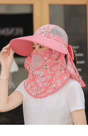 Women Outdoor Sun Hat Floral Print Wide Brim Detachable Face Mask Neck Flap Breathable Polyester Sunshade Hat For Fishing Gardening Summer