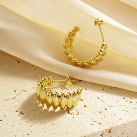 Orecchini a Cerchio a C in Acciaio al Titanio Vintage Per Donna Minimalista Texture Martellata Gioielli Metallici Oro Argento
