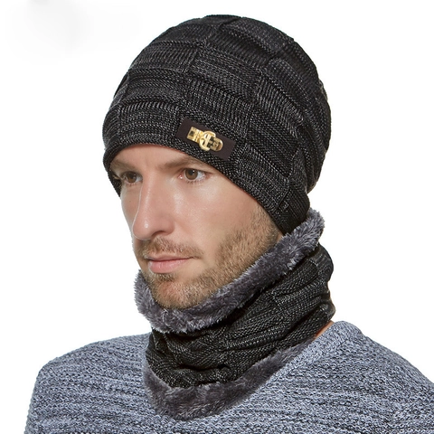 Gorro De Punto Y Calentador De Cuello Con Forro Polar Grueso Cálido Resistente Al Viento Patrón Cuadrícula Exterior Hombre Mujer