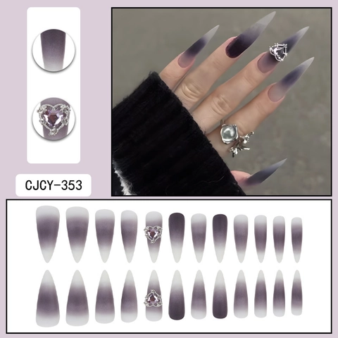 Unghie Finte Sfumate Viola Lunghe Stiletto Opache Gotico Cuore Strass Halloween Stile Scuro Decorazione Artificiale