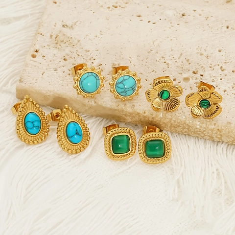 Vintage Stud Earrings 18K Gold Plated 304 Stainless Steel Turquoise Cat Eye Stone Waterproof Hypoallergenic Elegant