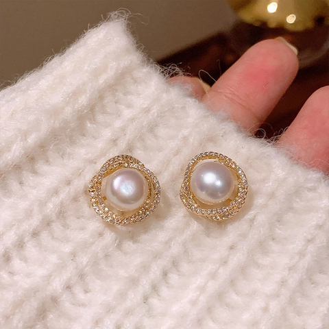 Pendientes De Botón De Perla Artificial Blanca Redonda Elegantes Chapados En Oro Geométricos Circonita Con Poste De Plata De Ley 925