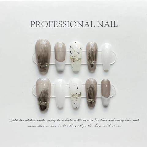 Handmade Press-On Nails Coffin Long Gray Marble White Speckled With Gold Wire Decor Artificial Finger Nails Women