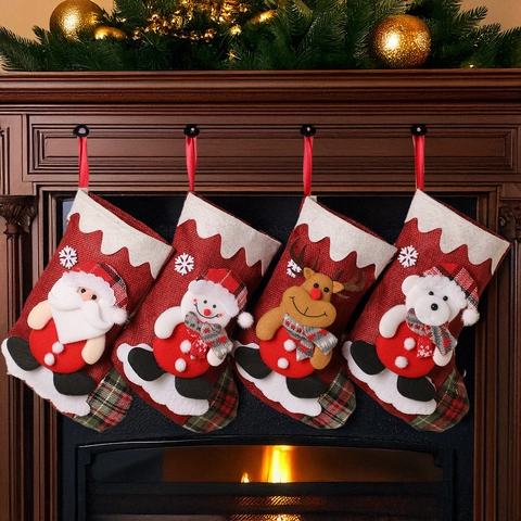Calza di Natale in Lino Con Bambola 3D a Cartone Animato Motivo Plaid Borsa Regalo Appesa per Decorazione Casa Festa Camino