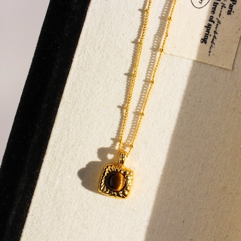 Collana Vintage in Ottone Placcato Oro per Donna Pendente Quadrato in Occhio di Tigre Retrò Catena a Sfere Geometrica Gioielli