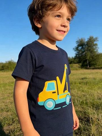 Boys Short Sleeve Cotton T-Shirt Navy Blue Round Neck Yellow Construction Crane Printing Kids Summer Casual Top