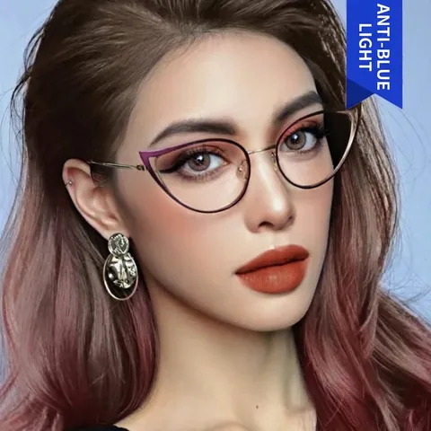 Occhiali Cat Eye Anti Luce Blu Da Donna Montatura In Metallo Traforato Retrò Elegante Ottico Di Moda