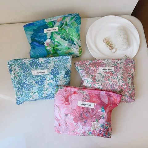 Floral Makeup Bag Printed Cotton Canvas Zipper Pouch Travel Cosmetic Organizer Handheld Phone Storage Retro Style