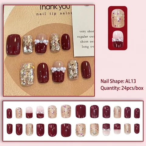 Glossy Dark Red False Nails With Sparkling Glitter Rhinestone And Faux Artificial Pearl Bridal Elegant Short Square Manicure