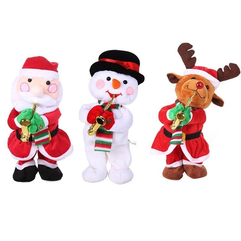 Christmas Electric Plush Toy Playing Saxophone Singing Wiggling Animated Santa Claus Snowman Reindeer Musical Decoration