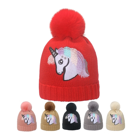 Eenhoorn Geborduurde Gebreide Muts Met Pompon Acryl Warme Wintermuts Voor Dames Meisjes Schattige Cartoon Mode Hoofdbedekking