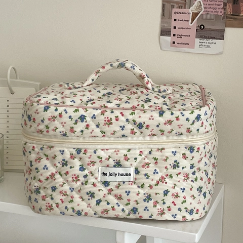 Beauty Case In Velluto A Coste Trapuntato Con Stampa Floreale Borsa Per Cosmetici Portatile Con Manico E Cerniera