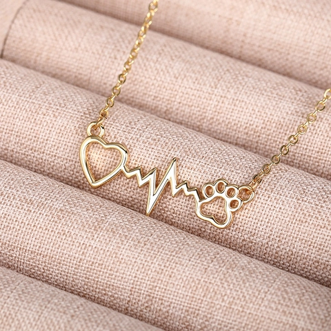 Heartbeat EKG Heart And Paw Print Pendant Necklace Copper Fashion Jewelry For Women Pet Lovers Memorial Gift
