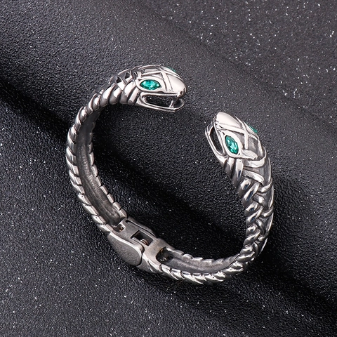 Doppel Schlangenkopf Armreif Edelstahl Grüne Zirkon Augen Schuppen Textur Rock Hip Hop Vintage Silber Für Herren