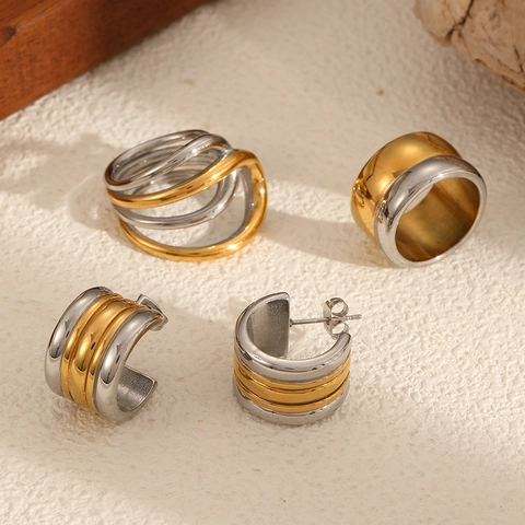 Anello E Orecchini In Acciaio Inossidabile Bicolore Geometrico Multistrato Gioielli Lucidati Per Donna Minimalista