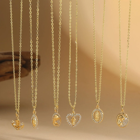 Vintage Koper Zirconia Maagd Maria Hanger Halsketting Verguld Religieus Hart Anker Sleutelbeen Ketting Sieraden Voor Dames