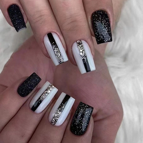 Unghie Finte A Pressione Nero Bianco Colore Contrasto Glitter Scintillanti Quadrato Rotondo Manicure Unghie Artificiali