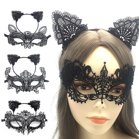 Black Lace Cat Ears Headband And Hollow Out Masquerade Mask For Halloween Party Sexy Costume Accessories For Women
