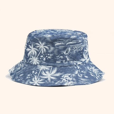 Women Reversible Bucket Hat Faux Denim Cotton Tropical Palm Tree Print Foldable Sun Protection Beach Travel Vacation Hat