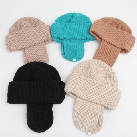 Kids Knitted Earflap Hat Acrylic Warm Winter Beanie With Buttons Ribbed Solid Color For Boys Girls
