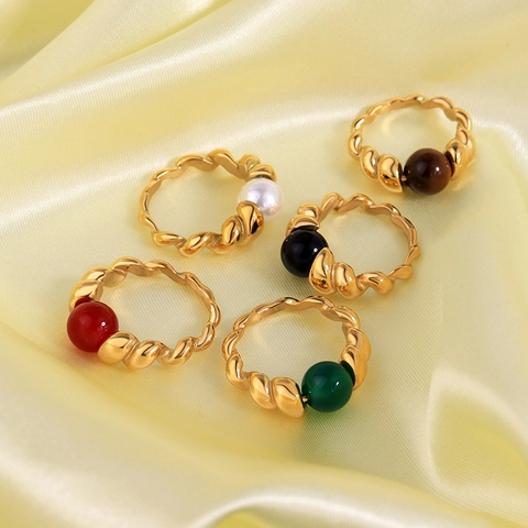 Anello Torsade Croissant Acciaio Inossidabile Placcato Oro 18K Con Perla Artificial Agata Occhio Di Tigre Pietra Retro Stile Per Donne