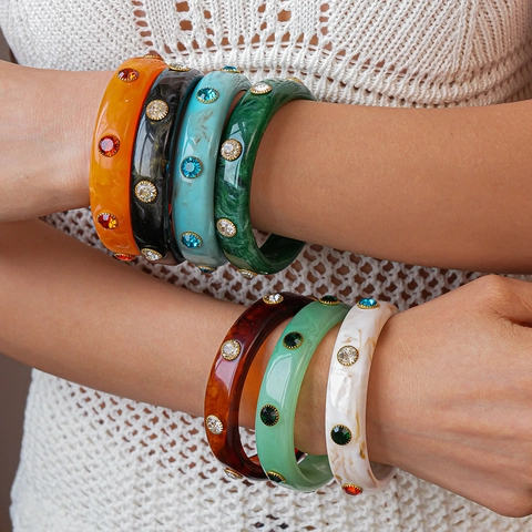 Retro Wide Bangle Bracelet Acrylic Resin Marble Texture Geometric Colorful Rhinestone Studded Luxury Jewelry For Women