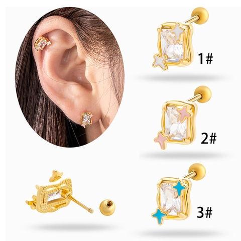 Stainless Steel Stud Earrings With Rectangular Zircon And Star Enamel Detail For Women Girls Niche Cartilage Piercing Jewelry