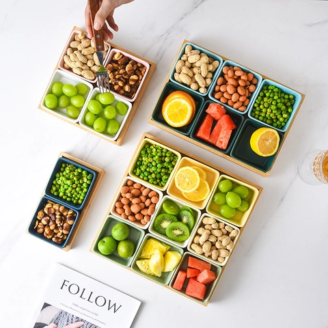 Ceramic Bowls And Bamboo Wood Tray Nordic Square Divided Platter For Fruit Nut Dip Appetizer Serving Tableware