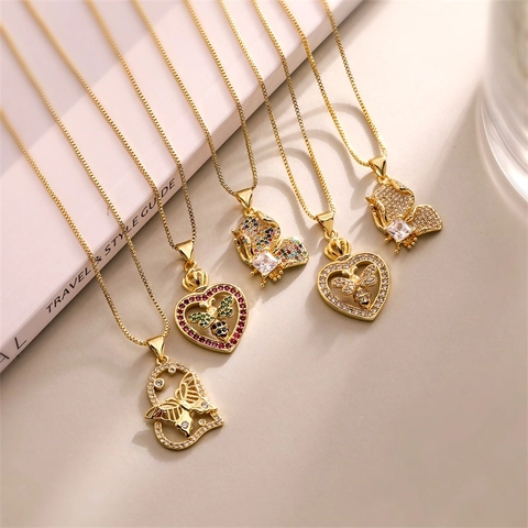 Elegante Schmetterling Herz Biene Anhänger Halskette Vergoldetes Kupfer Mikropavé Zirkonia Schmuck Für Damen