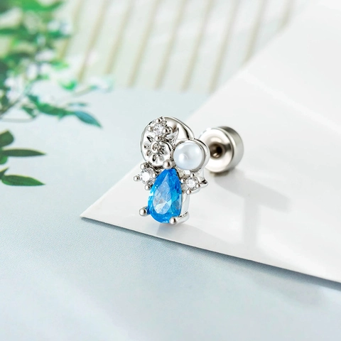 Ear Cartilage Stud Alloy Blue Water Drop Zircon White Faux Artificial Pearl Ocean Conch Screw Back Piercing Jewelry For Women