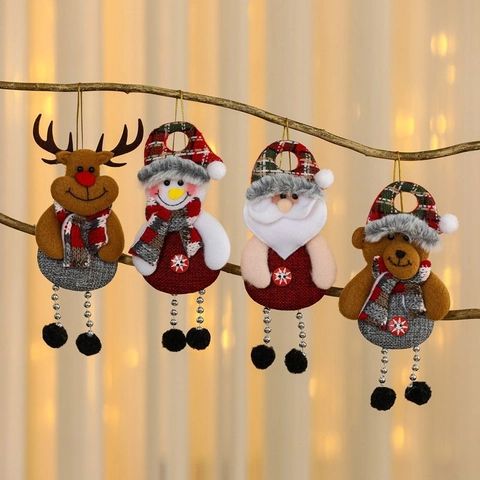 Ornamenti Appesi Di Natale Babbo Natale Pupazzo Di Neve Renna Orso Tessuto Feltro Accenti Plaid Gambe Lunga Catena Perline Arredo