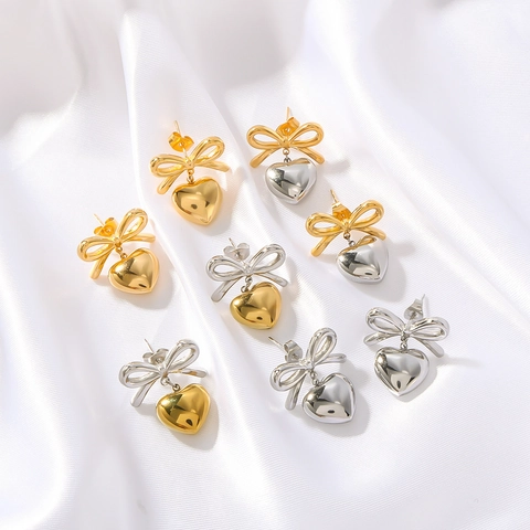 Orecchini Pendenti Cuore Fiocco Acciaio Inossidabile Placcato Oro 18K Elegante Stile Palazzo Gioielli Per Donne
