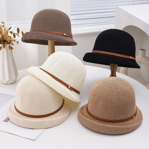 Women Bucket Hat Breathable Woven Knit Sun Protection Outdoor Summer Fisherman Hat With Leather Strap Elegant