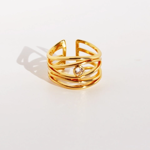 Französischer Retro Unregelmäßiger Mehrlagiger Offener Ring Messing Vergoldet Mit Zirkon Hohl Verstellbar Geometrischer Schmuck Damen