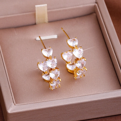 Luxurious Zirconia Heart Shaped Stud Earrings Real Gold Plated Brass Romantic C Hoop Ear Jewelry For Women Wedding Party