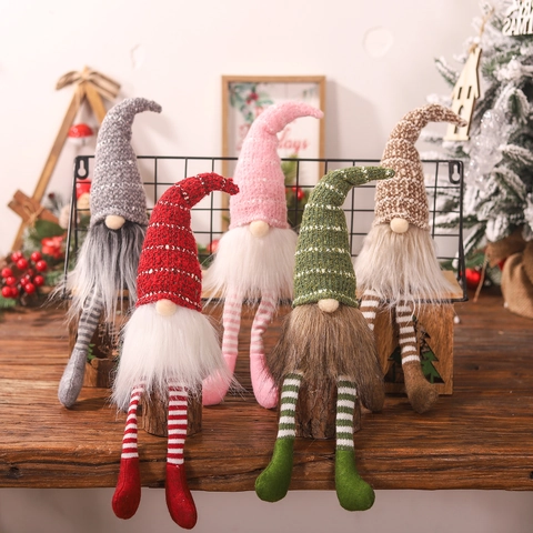 Gnomo de Navidad Hecho a Mano Felpa Tomte Sin Rostro Piernas Largas Rayadas Adorno Nórdico Para Decoración de Mesa Hogar