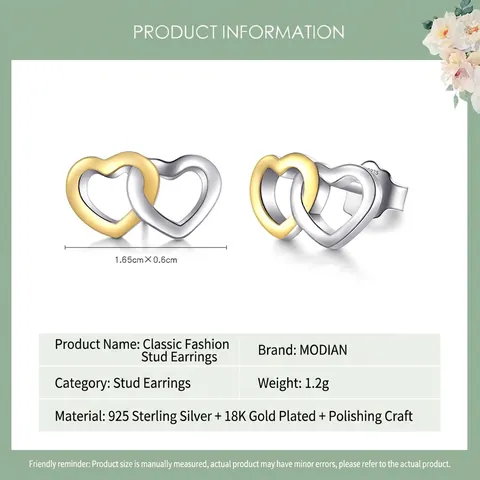 Minimalistische Ineinandergreifende Herz Ohrstecker Zweifarbig 18K Vergoldet 925 Sterlingsilber Schmuck Für Frauen Romantisch