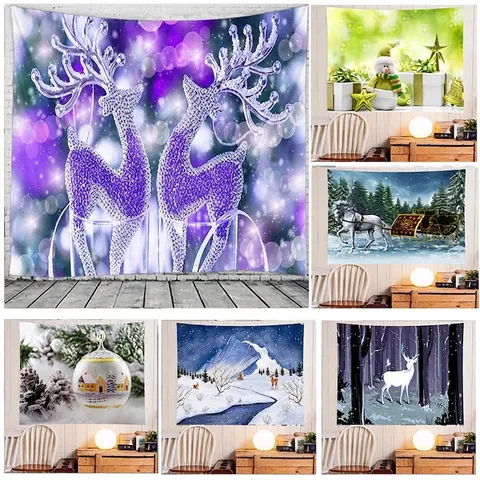 Tapisserie Murale Noël Motif Renne Bonhomme De Neige Paysage D'Hiver Tissu De Fond Décoration Salon Chambre